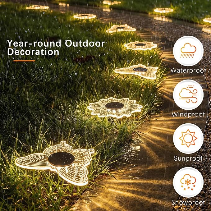 Brizled Solar Pathway Lights, 2 Pack Acrylic Butterfly & Flower Solar Lights Outdoor, LED Ground Light Warm White Garden Light Landscape Lighting Waterproof for Garden Yard Lawn Pathway Driveway Decor