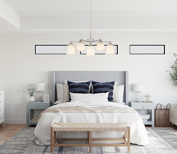 Tawson Nox 5-Light Chandelier Pendant Ceiling Light Brushed Nickle White Glass Shade Adjustable Height for Hallway, Entryway, Passway, Dining, Bedroom, Kitchen, Balcony Living Room
