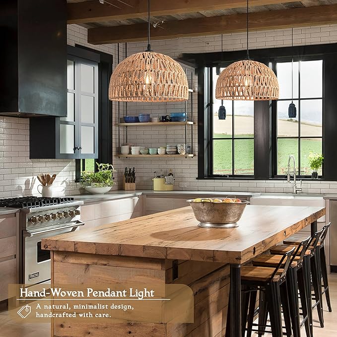 Brown Rattan Light Fixture 15ft Plug In Pendant Light Woven Pendant Light Boho Chandelier Wicker Pendant Light Boho Pendant Light Plug In for Dining Room Kitchen Island Bedroom(Bulb Incl.)