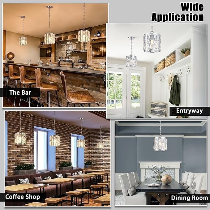 MEXO Modern Crystal Pendant Light,Chrome Chandelier Light Fixture, Cylinder Adjustable Height Pendant Lights for Kitchen,Dining Room,Living Room,Foyer,Hallway