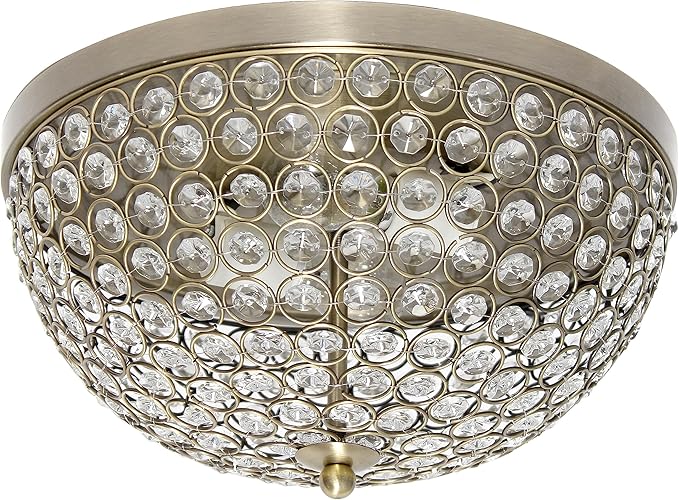 Elegant Designs FM1000-ABS Elipse Crystal 13 Inch Modern Metal 2 Light Bowl Shaped Ceiling Flush Mount Fixture, Antique Brass