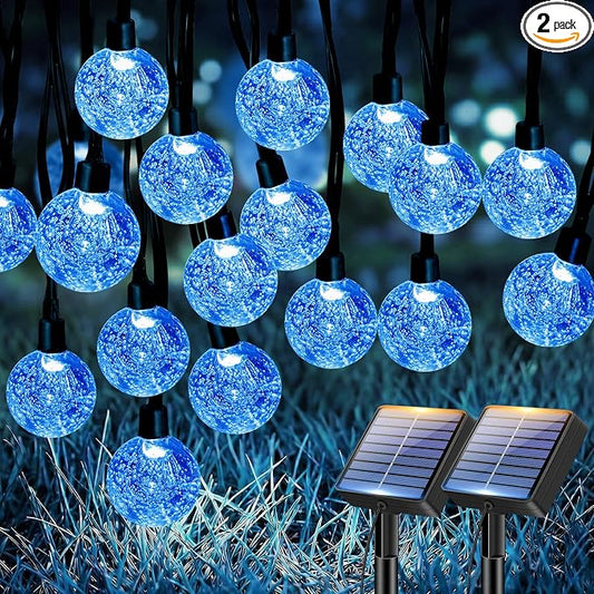 btfarm 2 Pack Solar String Lights Outdoor Waterproof, Total 98 FT 100 LED Solar Powered Patio Light, 8 Lighting Modes Crystal Globe Decoration for Garden Balcony Porch Yard Party, Blue