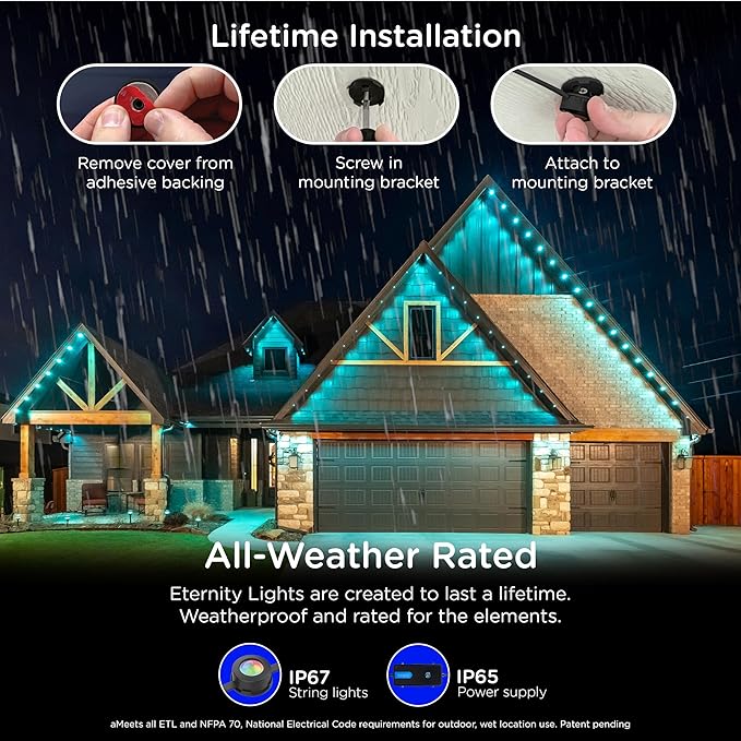 Enbrighten Vibe Eternity Permanent Outdoor Lights for House, 50ft, 36 RGBWIC LEDs, Close Spacing, 33lm, Color Changing, Christmas, Eave Lighting, Smart App, Works with Alexa, Google Home, 82730