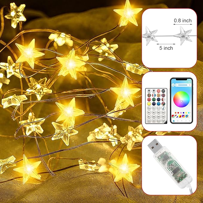 Smart Star Lights for Bedroom Indoor, 33 FT 80 LED USB Star Ttring Lights, App & Remote Control, Timer Music Sync