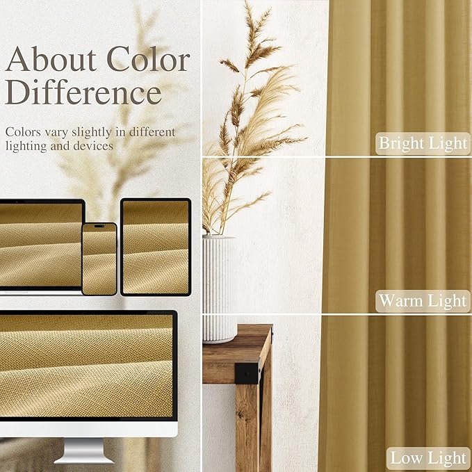 Gold Linen Curtains 90 Inch Long 2 Panels Set for Bedroom Living Room Linen Textured Window Drapes Semi Sheer Light Filtering Rod Pocket Back Tab Cotton Textured Farmhouse Curtain 52x90