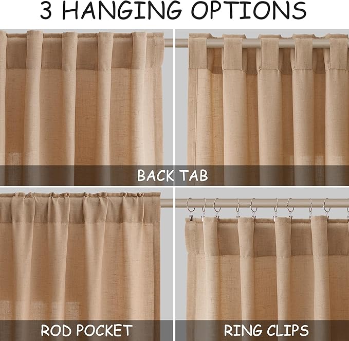 Camel Linen Curtains 120 Inch Extra Long for Living Room Back Tab Semi Sheer Light Filtering Drapes Modern Farmhouse Boho Decor Cotton Textured Curtain for Floor to Ceiling High Window 52x120