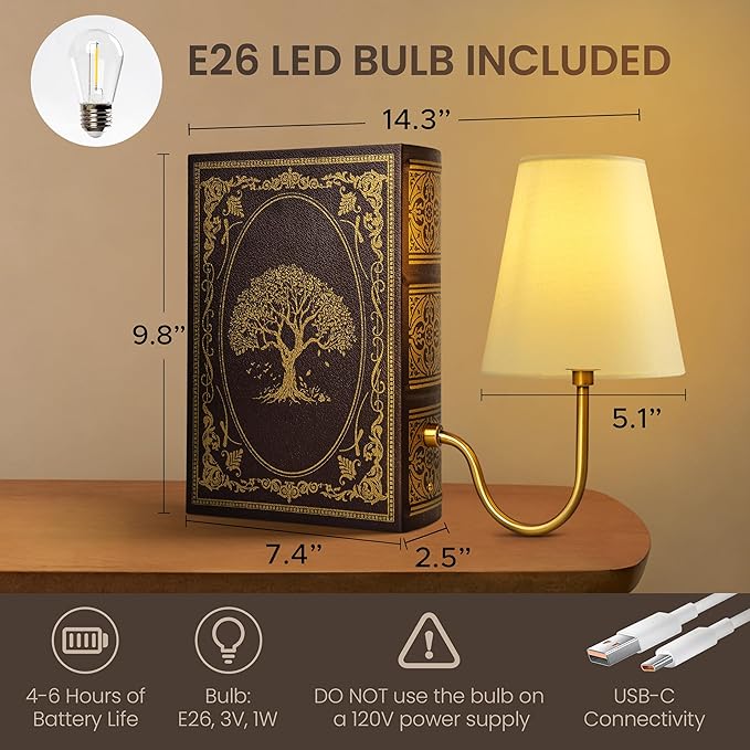 AELS Vintage Bookshelf Lamp with Bulb, Cordless Touch Dimmable Table Lamp with Linen Fabric Shade, Battery Operated, Modern Farmhouse, Book Sconce for Office Home Bedroom, Tree of Life Brown & Gold