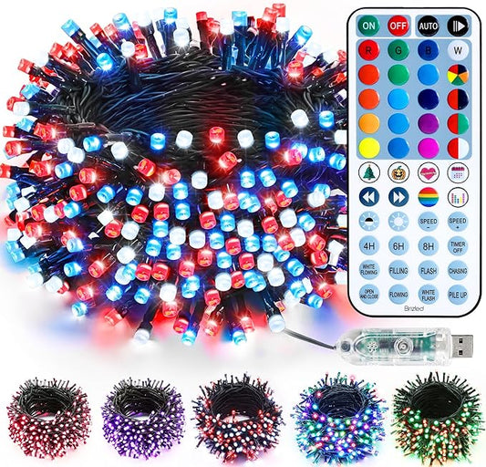 Brizled Color Changing Christmas Lights, 33ft 100 LED RGB Red White Blue Light String with Remote, Dimmable Mini Light String, USB Indoor Decorative Lighting Party Xmas Tree Wreath Year-Round Holiday