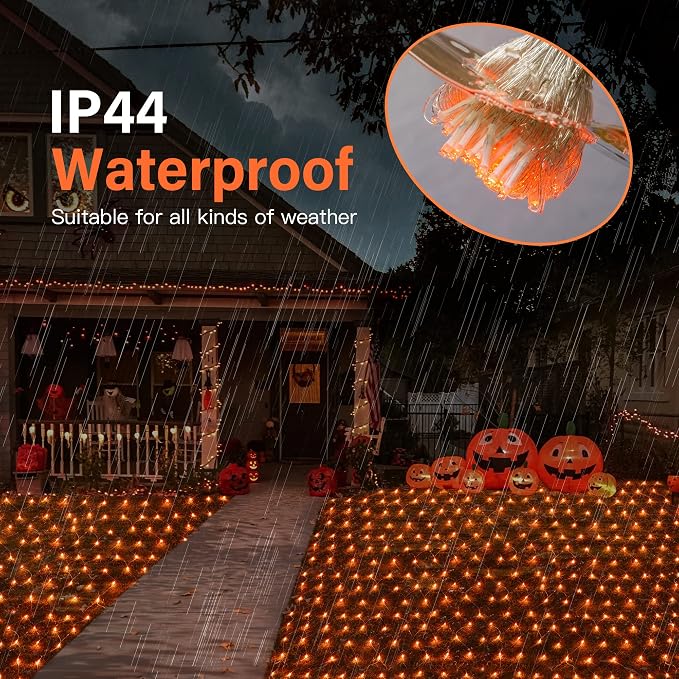 woohaha Outdoor Halloween Net Lights, 9.8FTx6.6FT 192 LED Plug-in Mesh Lights with 8 Lighting Modes, Connectable Light for Bush Christmas Garden Tree Holiday Wedding Party Decor, Orange