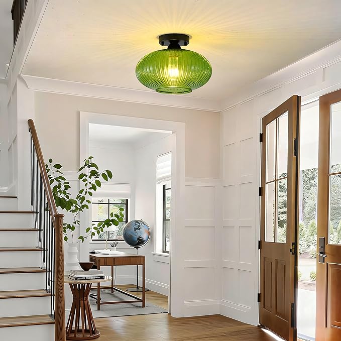 Green Vintage Glass Semi-Flush Ceiling Light - Mid Century Modern Art Deco Lighting Fixture for Hallway, Kitchen, Dining Room, Entryway, Foyer, Porch, Laundry Room
