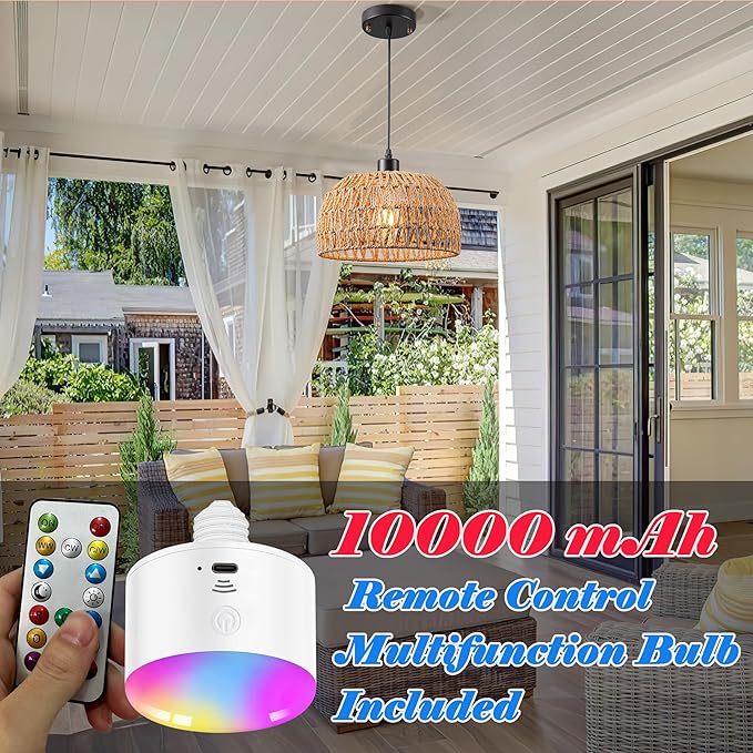 Battery Operated Pendant Light with Remote,Battery Hanging Light Rattan Woven Chandelier No Wiring Needed,Rechargeable Light Bulb 50+Hours Continue Use,Perfect for Kitchen Islands Ceiling Lighting
