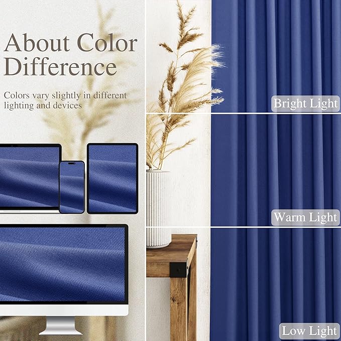 Classic Blue Linen Curtains 90 Inch Long 2 Panels Set for Bedroom Living Room Linen Textured Window Drapes Semi Sheer Light Filtering Rod Pocket Back Tab Cotton Textured Farmhouse Curtain 52x90