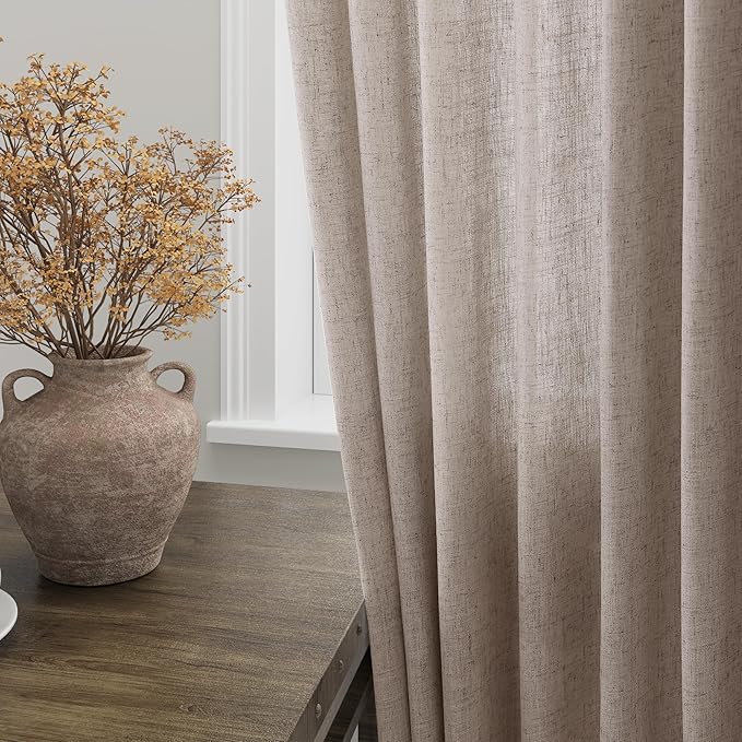 Extra Long Brownish Grey Curtain 108 Inches Long 2 Panels Set Back Tab Linen Drapes for Living Room Neutral Farmhouse Light Filtering Semi Sheer Linen Curtains 108 Inch Length for Large Window 9 FT