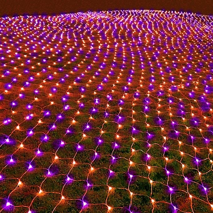 Dazzle Bright Halloween 360 LED Net Lights, 12FT x 5FT Connectable Waterproof String Lights Clear Wire with 8 Modes, Halloween Decorations for Indoor Outdoor Party Yard Garden Decor, Purple & Orange