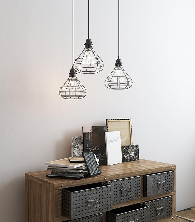 Rustic State Pendant Light Shades Light Bulb Covers 15" Fabric Plug-in Cord with Toggle Switch Edison LED Bulb - Lamp Cage Pendant Light Cover - Set of 2 - Black