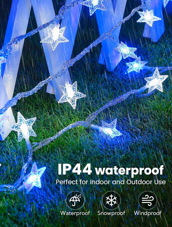 Star String Lights Plug in,39ft 100LED Fairy Lights with Remote, Hanging Star Decorations Lights Waterproof for Indoor Outdoor Bedroom Classroom Dorm Kids Tent Party Decor,Blue White