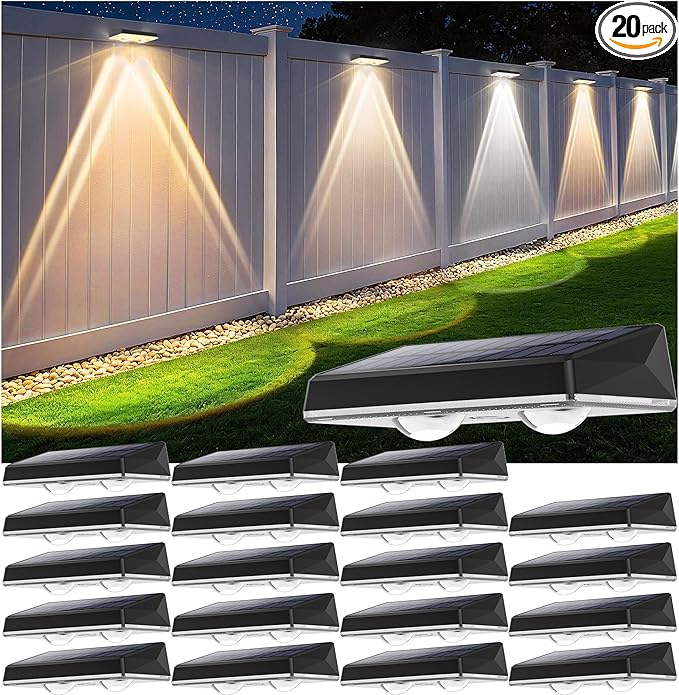 Solar Fence Lights Outdoor, 20-Pack 120LM Fence Lights Solar Powered, IP67 Waterproof Dusk to Dawn Auto On/Off 12+ Hours for Outside/Backyard/Wall/Step/Patio/Deck/Pool (3000K/4000K/6000K White)