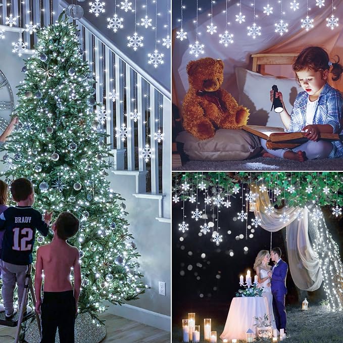 Christmas Snowflake Icicle Lights,6.5ft 144LED Curtain Lights Outdoor with 12 Drops, 8 Modes Waterproof Connectable Fairy Light for Eaves, Garden, Yard, Indoor Outdoor Xmas Decor (White)
