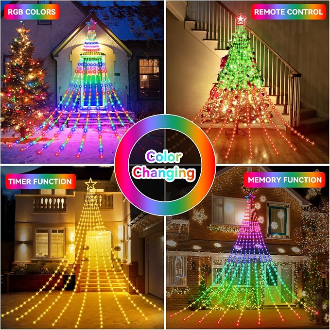DANLI Christmas Decorations Outdoor Star String Lights Flowing Color Changing Tree Lights,320 LED 11.5FT Christmas String Lights with 8 Lighting Modes Remote Timer for Xmas New Year Holiday Birthday