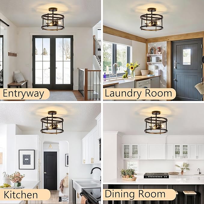 Black Semi Flush Mount Ceiling Light, 3-Light Farmhouse Ceiling Light Fixture for Entryway, Hallway & Foyer, Rustic Black Metal Close to Ceiling Lamp, E12 Base, 12.2 Inch
