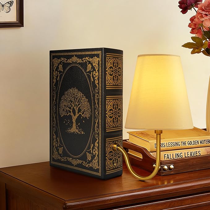 AELS Vintage Bookshelf Lamp with Bulb, Table Lamp with Linen Shade, 3-Color Dimmable Touch Control, Modern Farmhouse, Book Sconce for Office Home Bedroom Bookshelf, Tree of Life on Black & Gold