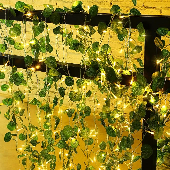 Unittype 15 Pcs 6.6 ft 300 LED Fake Ivy Vines with Lights for Bedroom String Fairy Light Curtain Artificial Hanging Vines Plant Garland with Light for Wall Outdoor Indoor Decor(Eucalyptus Leaf)