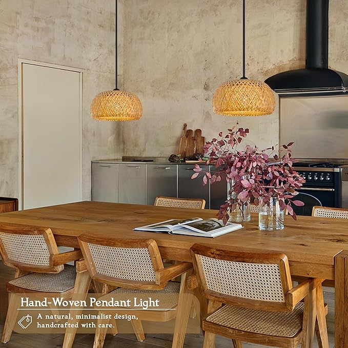 12" Bamboo Pendants Light Wicker Pendant Lights Boho Chandelier Adjustable Rustic Basket Rattan Pendant Wicker Light Fixture Woven Pendants for Kitchen Island Dining Room (Bulb Incl.)