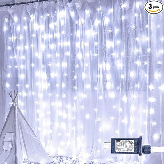 Oopswow 304L Curtain String Lights, 9.8ft x 9.8ft 8 Modes for Bedroom, Hanging Twinkle Fairy Plug-in Window Backdrop for Christmas Party Wedding Outdoor Indoor Wall Decor
