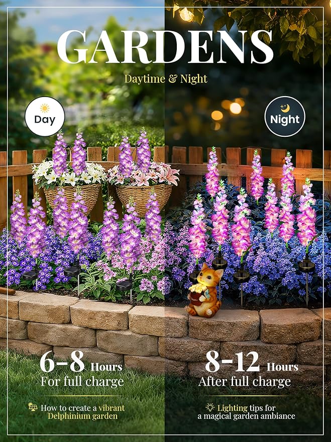 GIGALUMI Solar Lights Outdoor for Garden Decor, 3 Pack Solar Flower Lights Waterproof, 2 Lighting Modes Delphinium for Pathway,Yard, Patio, 4th of July Decoration, Gifts for Women (Purple)