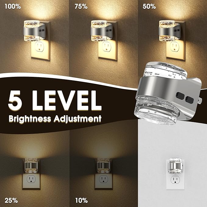 Briignite LED Night Light Plug into Wall[2 Pack], Dimmable Night Light with Bubble Design 3000K Warm & 5 Brightness Levels, Dusk to Dawn Sensor Nightlights for Nursery, Hallway, Bathroom, Kids Room
