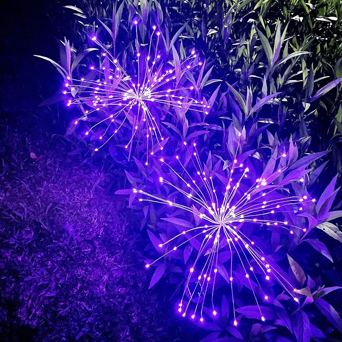 JJGoo Solar Firework Lights, 2 Pack 180 LEDs 2 Lighting Modes Solar Lights Outdoor Waterproof for Garden Patio Walkway Pathway Party Wedding Christmas Decorative - Purple