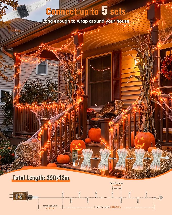 Halloween String Lights Indoor Outdoor,33FT 100 LED Orange Thanksgiving Twinkle Lights,13 Modes Fairy Lights Plug in,Connectable IP65 Waterproof for Xmas Tent Patio Tree Party Decor(Orange)