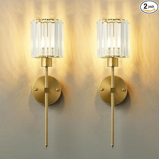 KARTOOSH Hardwired Crystal Wall Sconces Set of Two - Dimmable Wall Light Fixtures 3000K, Warm White, for Hallway, Bathroom, Living Room, Bedroom, Brass, 20.1 Inch