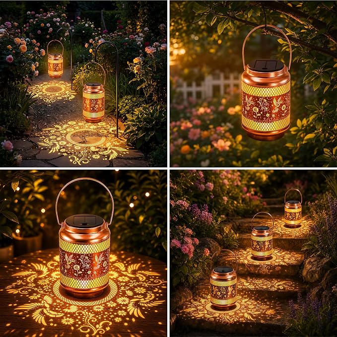 2 Pack Solar Lanterns Outdoor Garden Decor Solar Lights Waterproof Hummingbird Decorative Hanging Metal Lights Gardening Gifts for Mom Women Outside Yard, Patio, Backyard, Farm