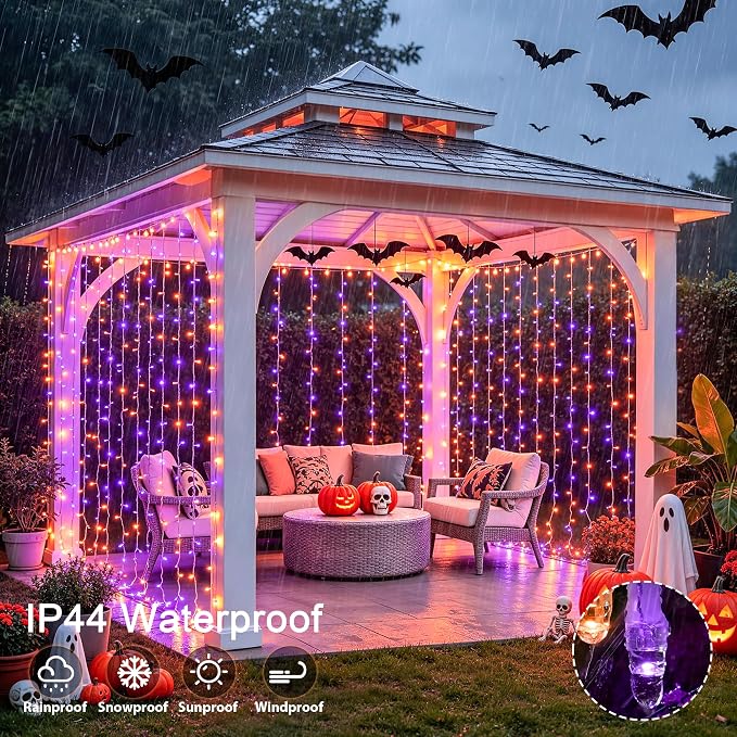 JMEXSUSS 200 LED Orange and Purple Halloween Lights, 8 Modes Curtain Halloween Lights with Remote, USB Curtain String Lights Plug in for Party Bedroom Window Halloween Decorations