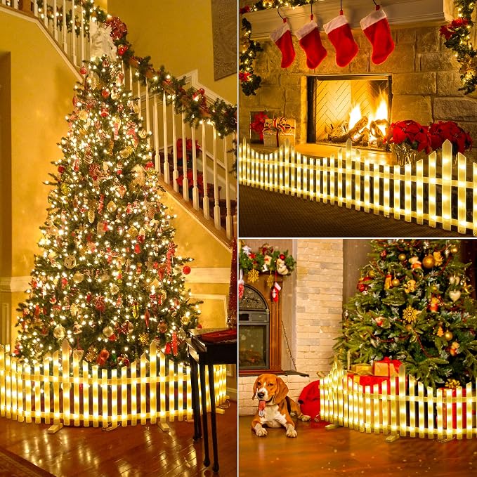 Hopolon 8 Pack 36LED Lighted Garden Fence,13.7x11.8inch Christmas Tree Fence Lights Plug in,8 Modes White Plastic Edgings Picket Decorative Fence for Landscape Patio Yard Path Home Xmas,Warm White
