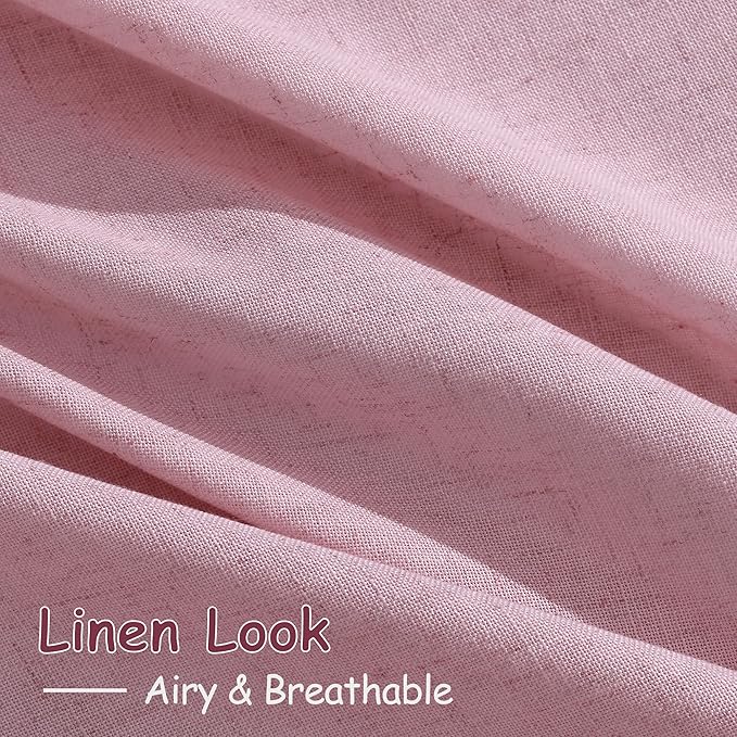 Rose Linen Curtains 84 Inch Long 2 Panel Set with Back Tab Rod Pocket Light Filtering Privacy Semi Sheer Textured for Neutral Farmhouse Style Bedroom and Living Room 52x84