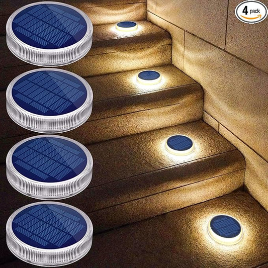 Solar Dock Lights Outdoor Waterproof Stick on Boat Deck Step Stair Driveway Lights Solar Powered for Outside Concrete Flat Disks Patio Ground RV Landscape Walkway Pathway Sidewalk Auto ON/Off (4 Pack)