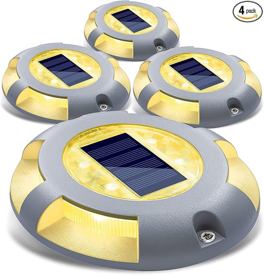 SIEDiNLAR Solar Deck Lights Driveway Dock LED Light Solar Powered Outdoor Waterproof Road Markers for Pathway Step Stair Garden Ground Sidewalk Yard 4 Pack (Warm White)