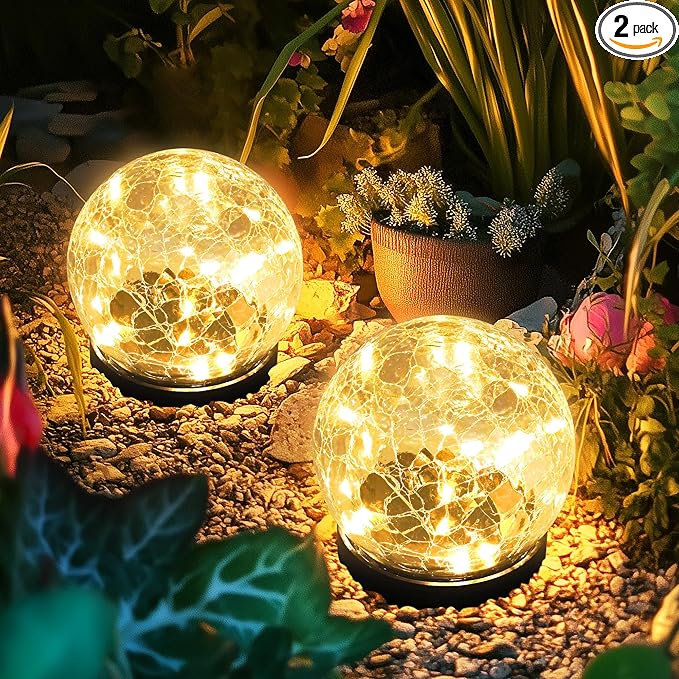 Solar Lights Outdoor for Yard Patio Porch, Garden Decor Birthday Gifts for Mom Women, Solar Globe Lights Waterproof Cracked Glass Ball Outdoor Decorations Balcony Backyard (2 Pack Warm White)