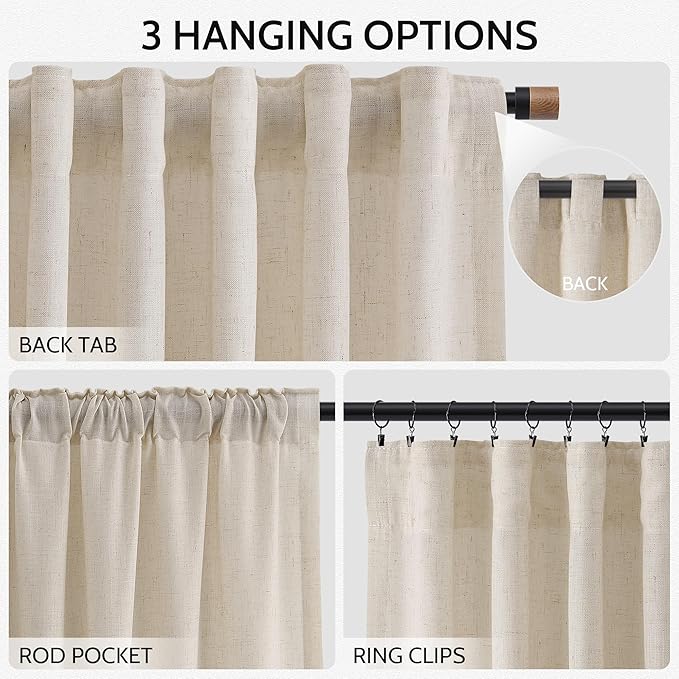 Cream Beige Linen Curtains for Living Room 100 Inches Long Light Filtering Semi Sheer Curtain Back Tab Modern Farmhouse Decor Elegant Luxury Coastal Drapes for Bedroom Dinner Room 52x100, 2 Panels