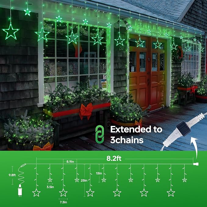 St Patricks Day Lights, 126 LED 8.2 FT Green Star Icicle Lights with 8 Modes Waterproof, Plug in Clear Wire Timer Curtain Lights for St Patrick Decorations Indoor Window Outdoor Party Decor
