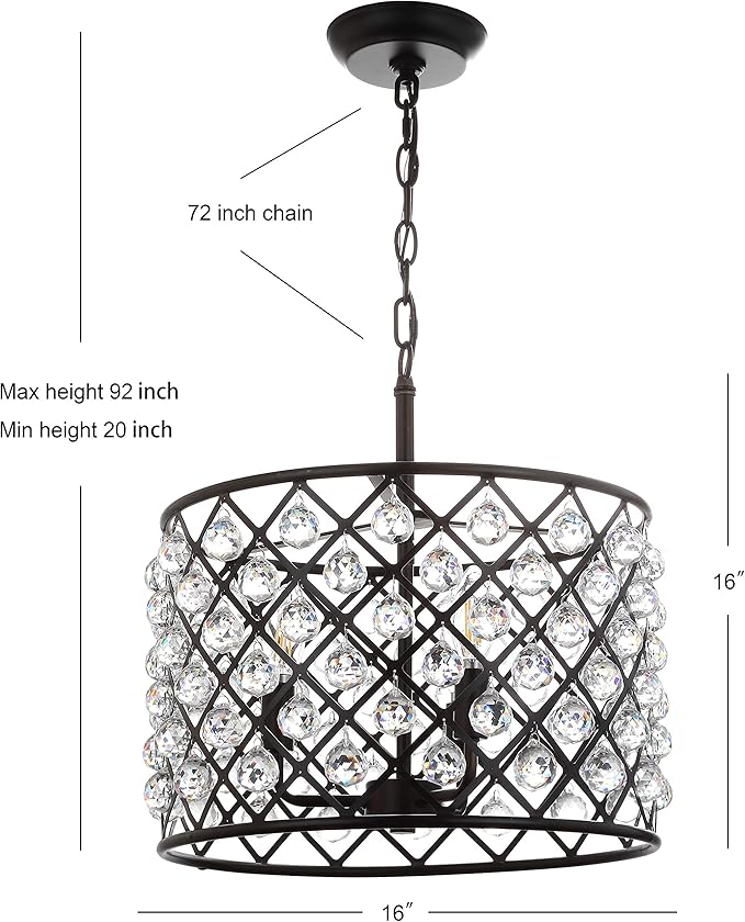 JONATHAN Y 16" Oil Rubbed Bronze Crystal LED Pendant Light, Adjustable Metal Chandelier for Kitchen Island, Entryway, Foyer, Clear Hand-Polished Crystal Shade, LED Bulb (JYL9026A)