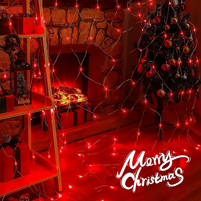 woohaha Outdoor Christmas Net Lights, 9.8FTx6.6FT 192 LED Plug-in Mesh Lights with 8 Lighting Modes, Connectable Light for Bush Christmas Garden Tree Holiday Wedding Party Decor, Red
