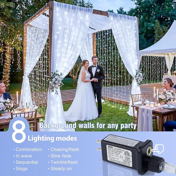 Star 304 LED 9.8ftx9.8ft 30V 8 Modes,Window Curtain String Lights Wedding Party Home Garden Bedroom Outdoor Indoor Wall Decorations(Cool White)