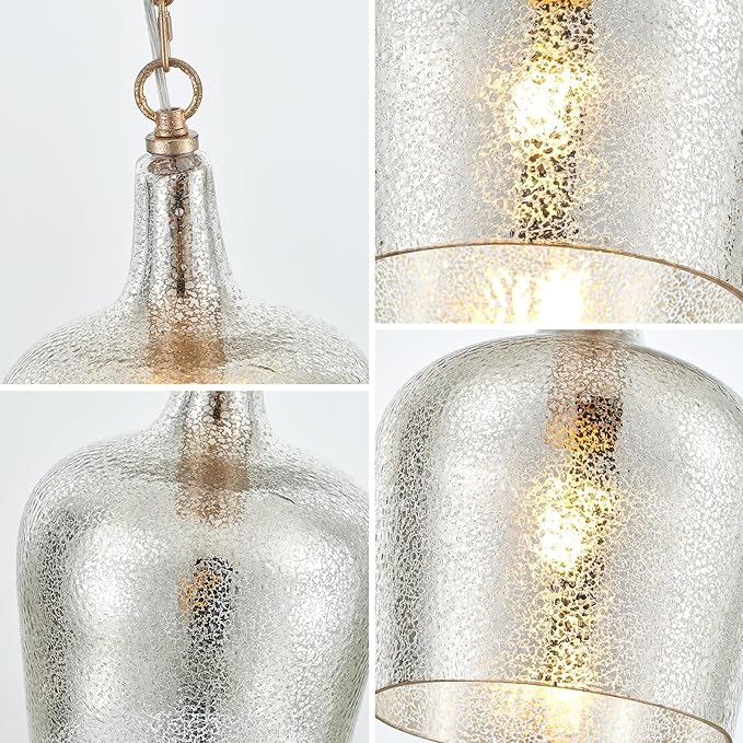 10” Large Silver Plated Hammered Glass Pendant Light Industrial Dome Modern Pendant Lighting Fixtures for Kitchen Island Dining Room Hallway, UL Listed