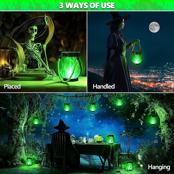 iBaycon 2 Pack Gen2 Solar Lantern Lights USB Halloween Flame Lamp, Green | Solar Garden Lights with Dual Charging USB & Solar, 2 Modes Outdoor Waterproof Hanging Lantern for Home Halloween Decor