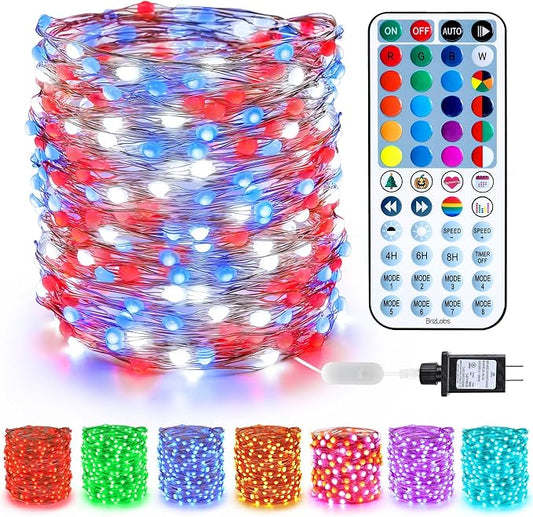 BrizLabs Color Changing Fairy Lights - 33ft 100 LED Red White & Blue Lights with Remote, Patriotic Light Music Sync Rainbow Christmas Tree Lighting with Timer for Xmas Halloween July 4th Party Home