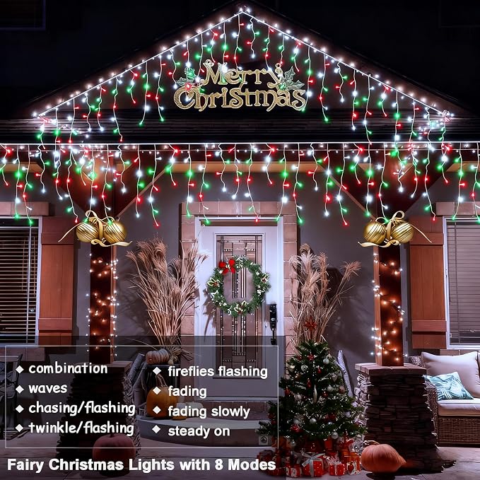 2 Pack Red White Green Christmas Icicle Lights Battery Operated, Total 204 LED Twinkle Icicle Lights 20Ft Clear Wire with 8 Lighting Modes Timer Function for Outdoor Indoor House Party Decoration