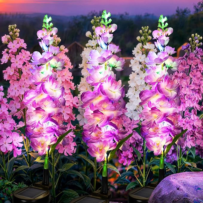 GIGALUMI Solar Lights Outdoor for Garden Decor, 3 Pack Solar Flower Lights Waterproof, 2 Lighting Modes Delphinium for Pathway,Yard, Patio, 4th of July Decoration, Gifts for Women (Purple)